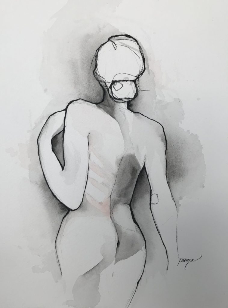 black and white watercolor nude female with hints of blush