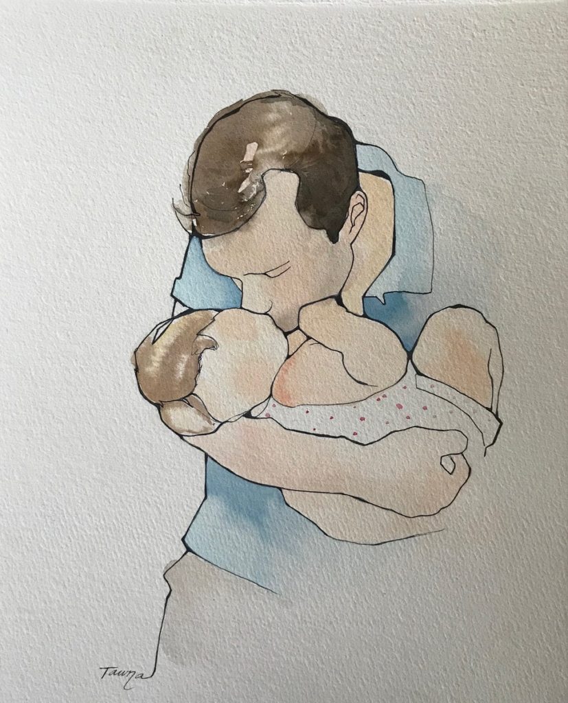 watercolor of a father kissing his baby girl