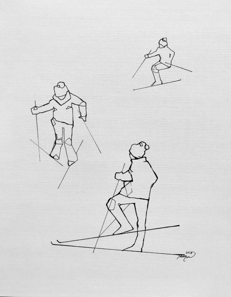 black and white line drawing of skiers